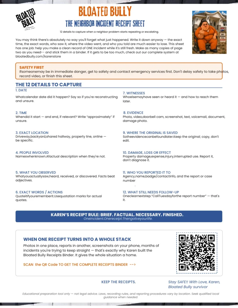 Image of the PDF for the neighbor incident receipt sheet freebie.