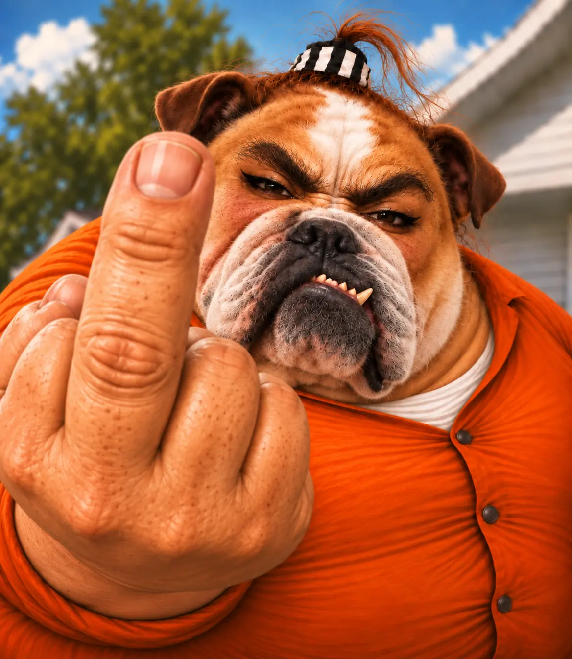 The Bloated Bully still wearing her jail orange outfit is very bloated, and her face resembles a bully dog as she flips us off yet again.