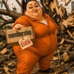 Bloated Bully stands among the disaster of her tree-cutting event with a membership package priced at $1,456