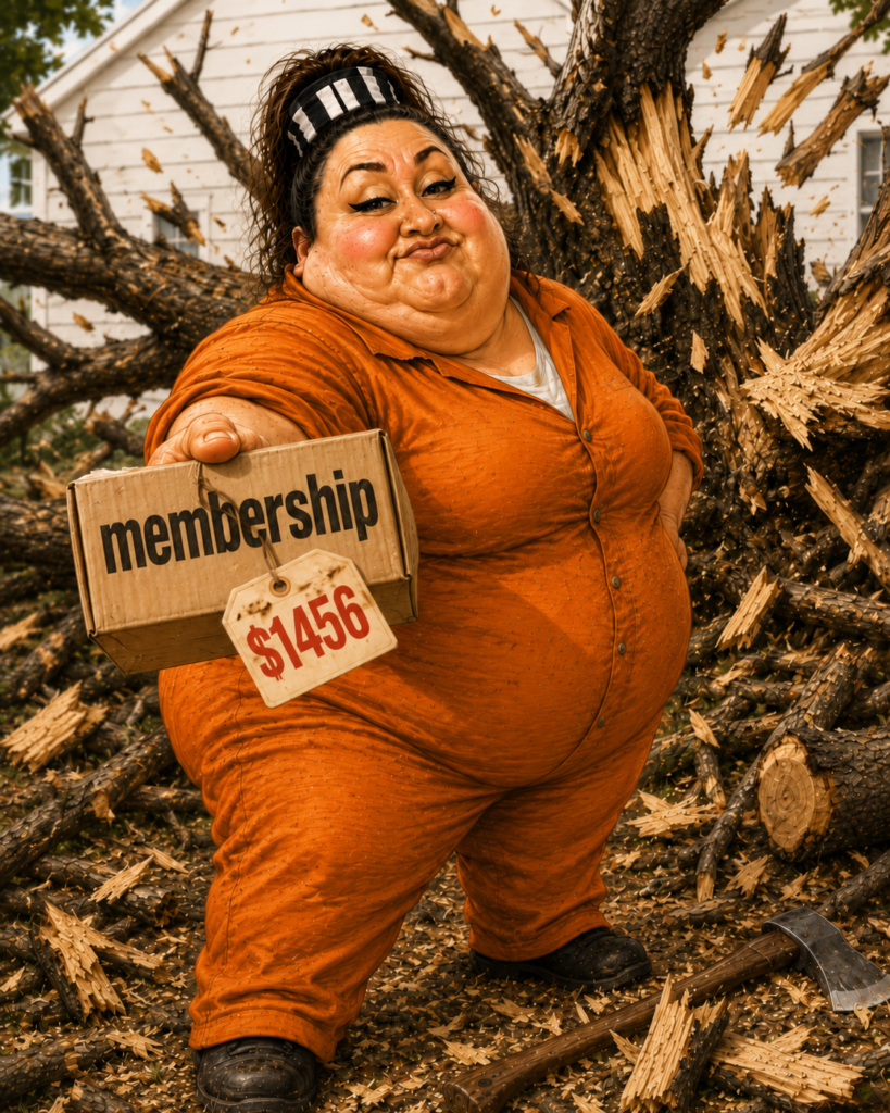 Bloated Bully stands among the disaster of her tree-cutting event with a membership package priced at $1,456