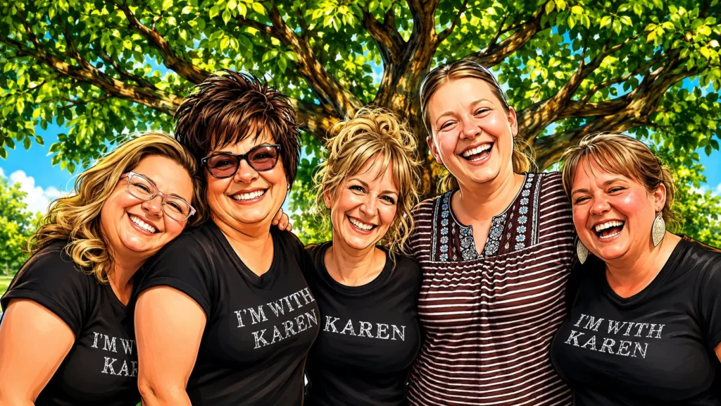 The original Karen crew, at the first karen party. Five women with black Karen shirts on.