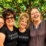 The original Karen crew, at the first karen party. Five women with black Karen shirts on.