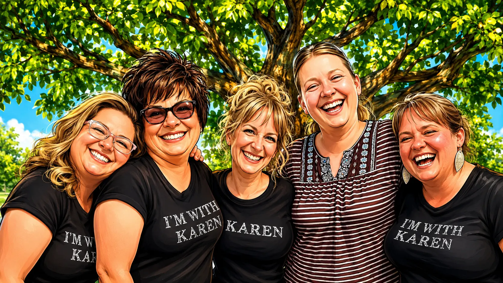 The original Karen crew, at the first karen party. Five women with black Karen shirts on.