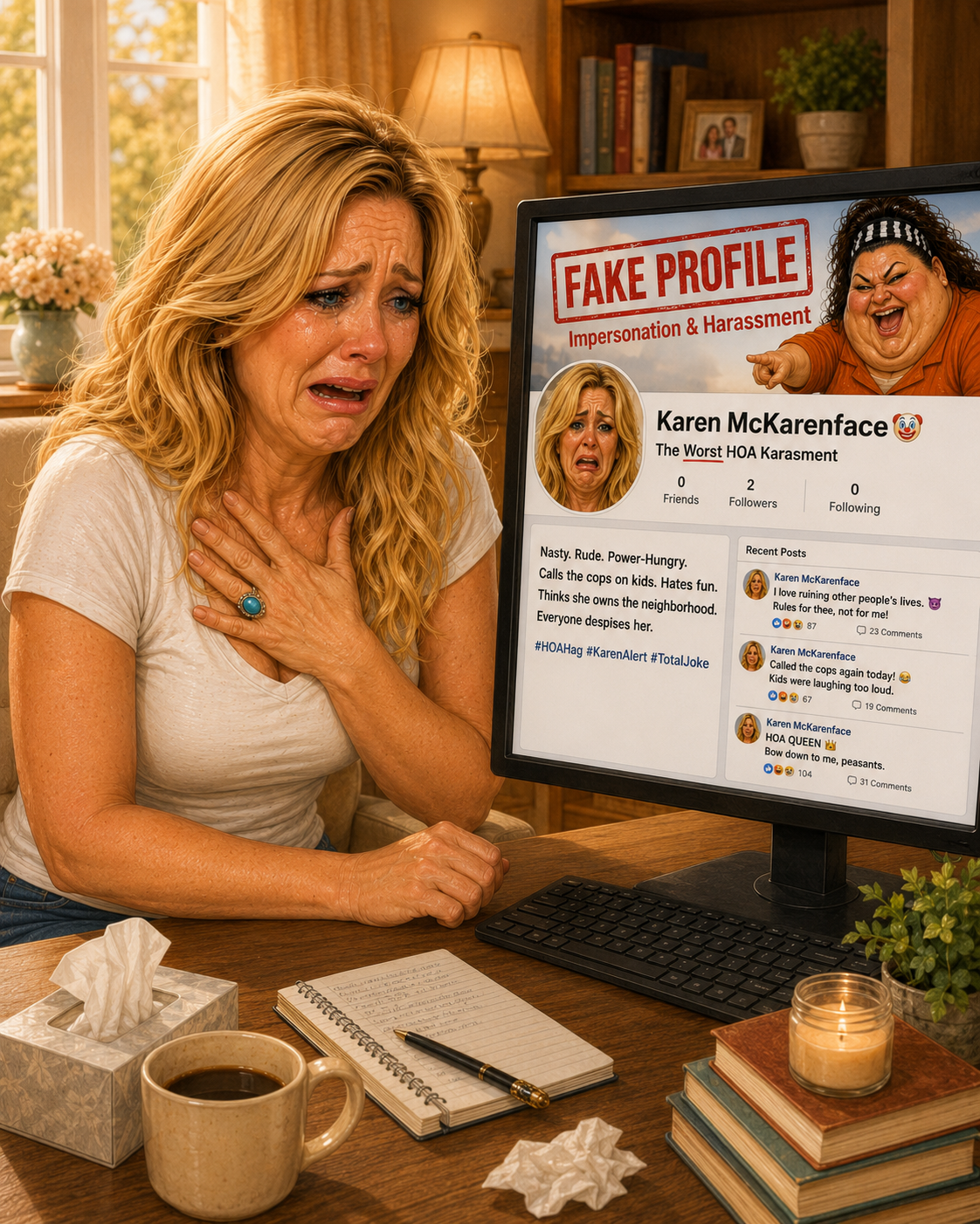 Karen discovers that a fake facebook profile has been made using her name, images, and an icky dating profile.