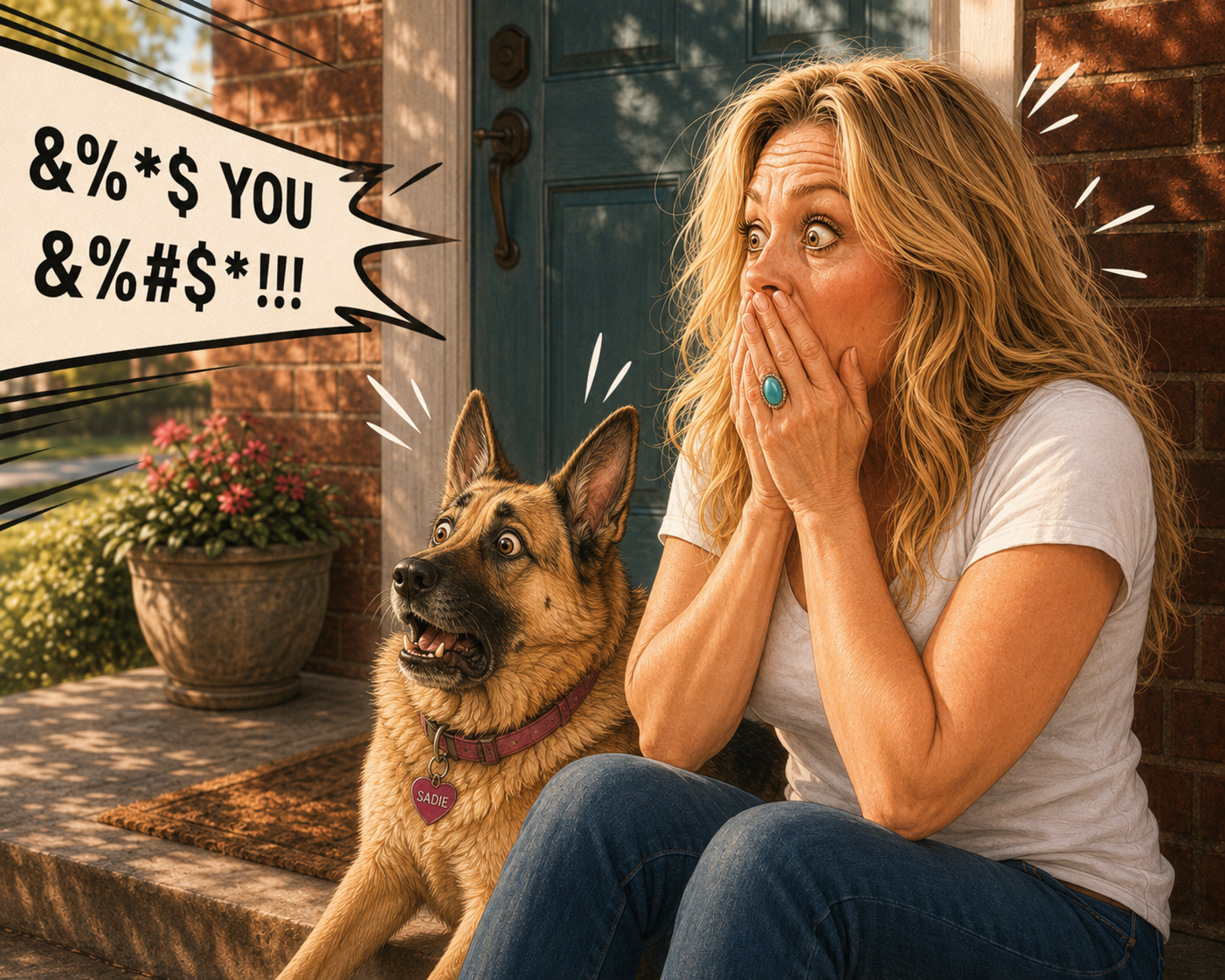 Karen sitting on her porch with her dog, in shock at the vulgarity of the Bloated Bully and her language!