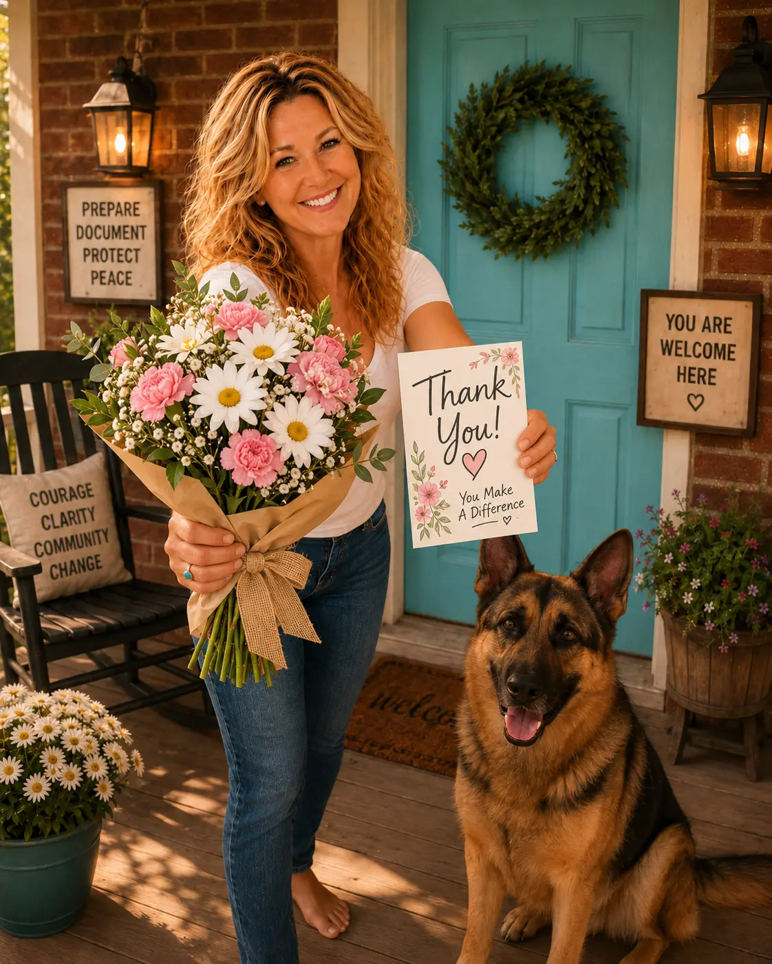 Thanks Karen on the porch handing you a boquet of daisies and pink carnations and a thank you card grateful for your purchase