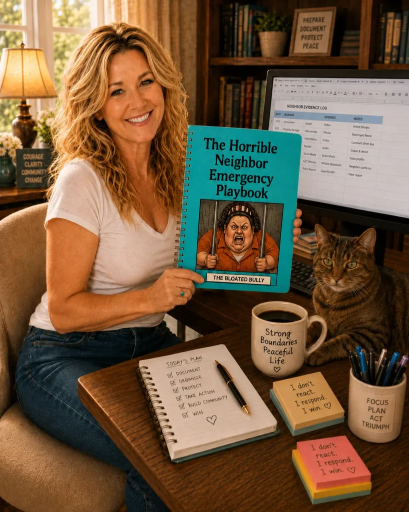 Karen holds "The Horrible Neighbor Emergency Playbook" at her desk.