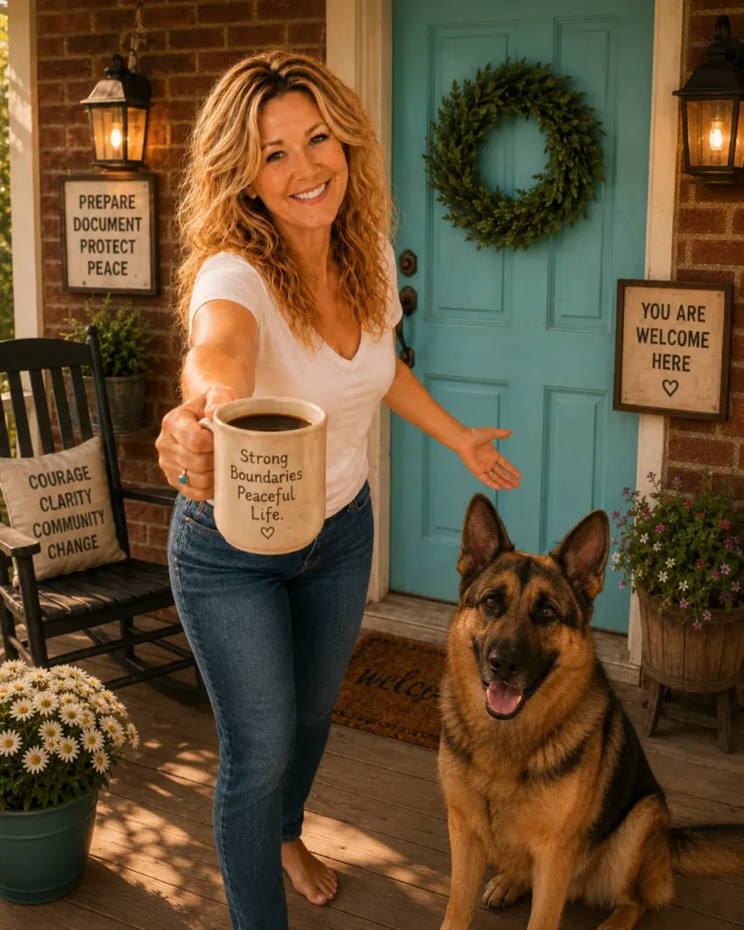 Karen welcomes you onto her porch.