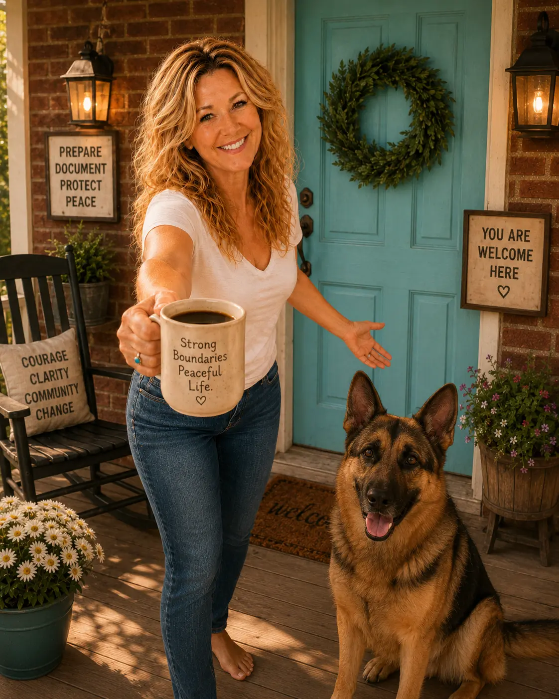 About Karen welcomes you onto her porch.