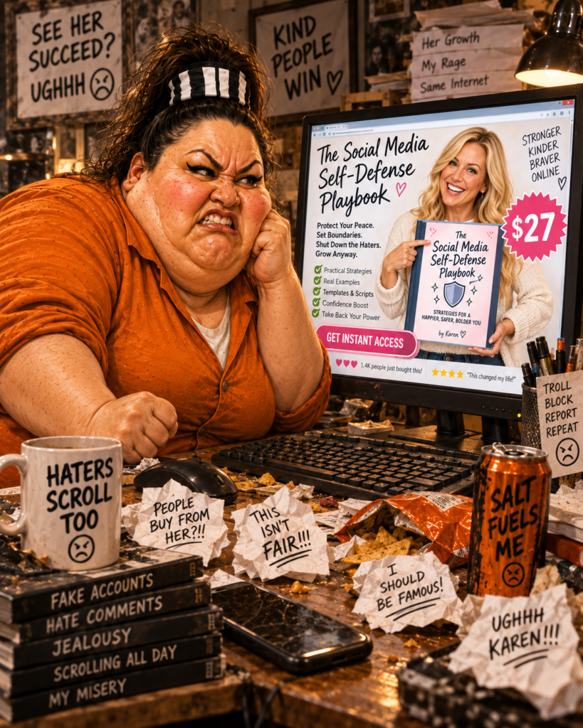 The Bloated Bully is livid as she views the Social Media Self Defense Playbook for sale on Karen's website.